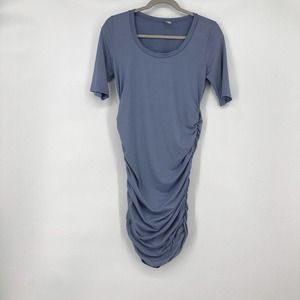 Mother Bee Maternity Size S Ruched Shirt Dress Short Sleeve Blue Stretch